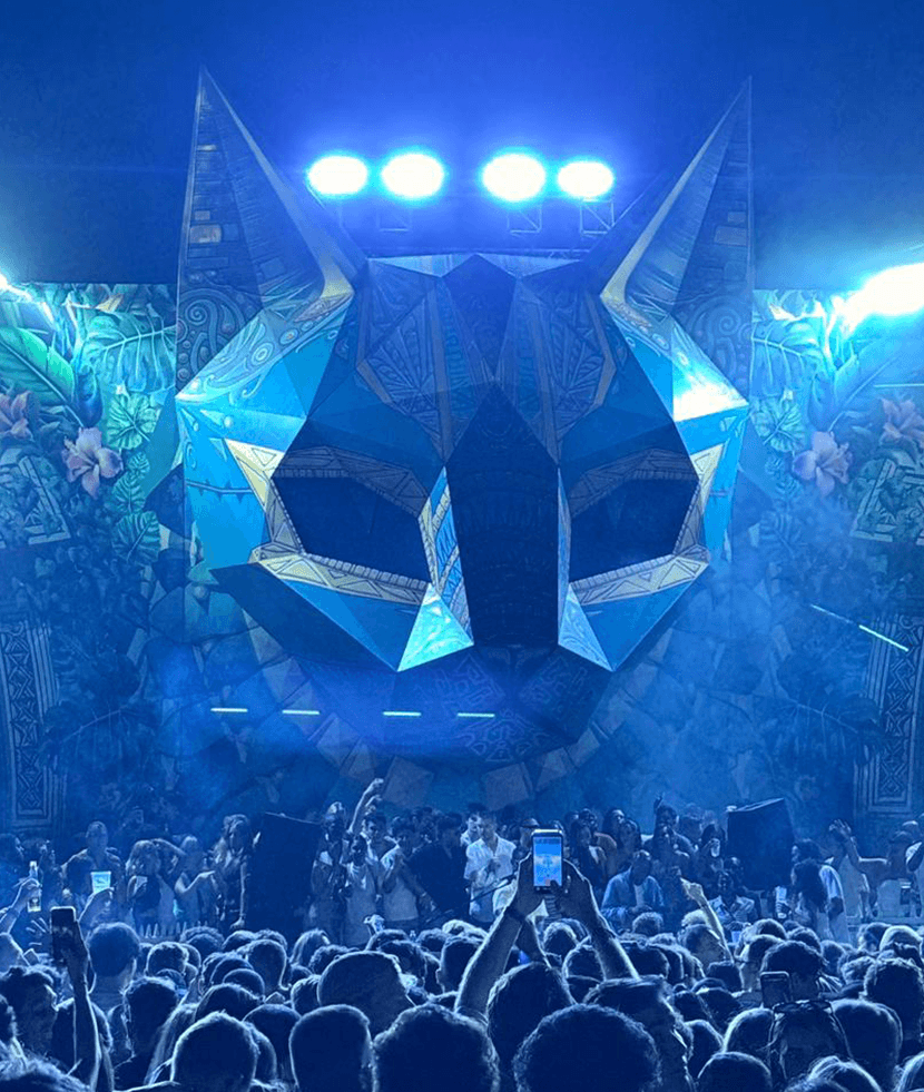 A giant African cat mask, the backdrop for the Alcazar NYE event in Cape Town