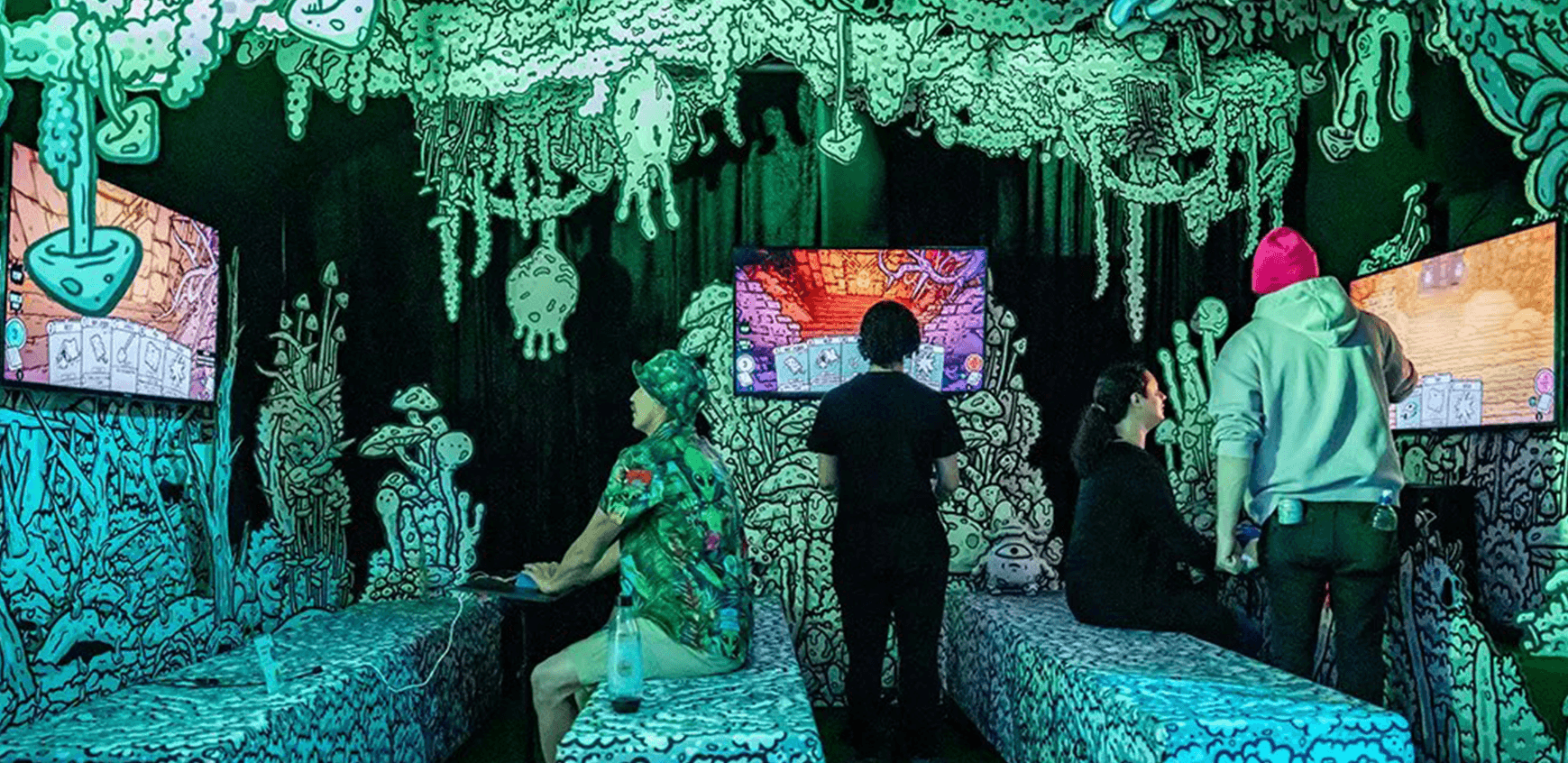 A hyper detailed entryway and booth for the launch of the videogame Shroom 'n Gloom at Playtopia festival