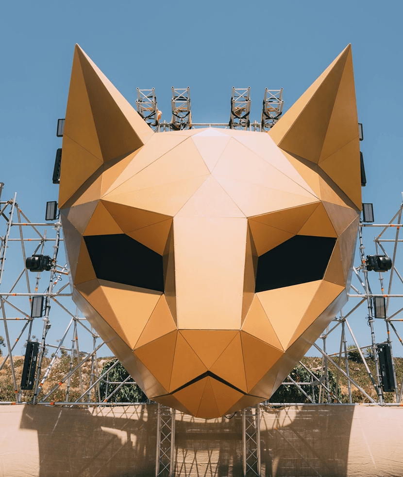 The giant low poly cat mask, reused all in gold for Thetre Music Festival featuring Lane 8.